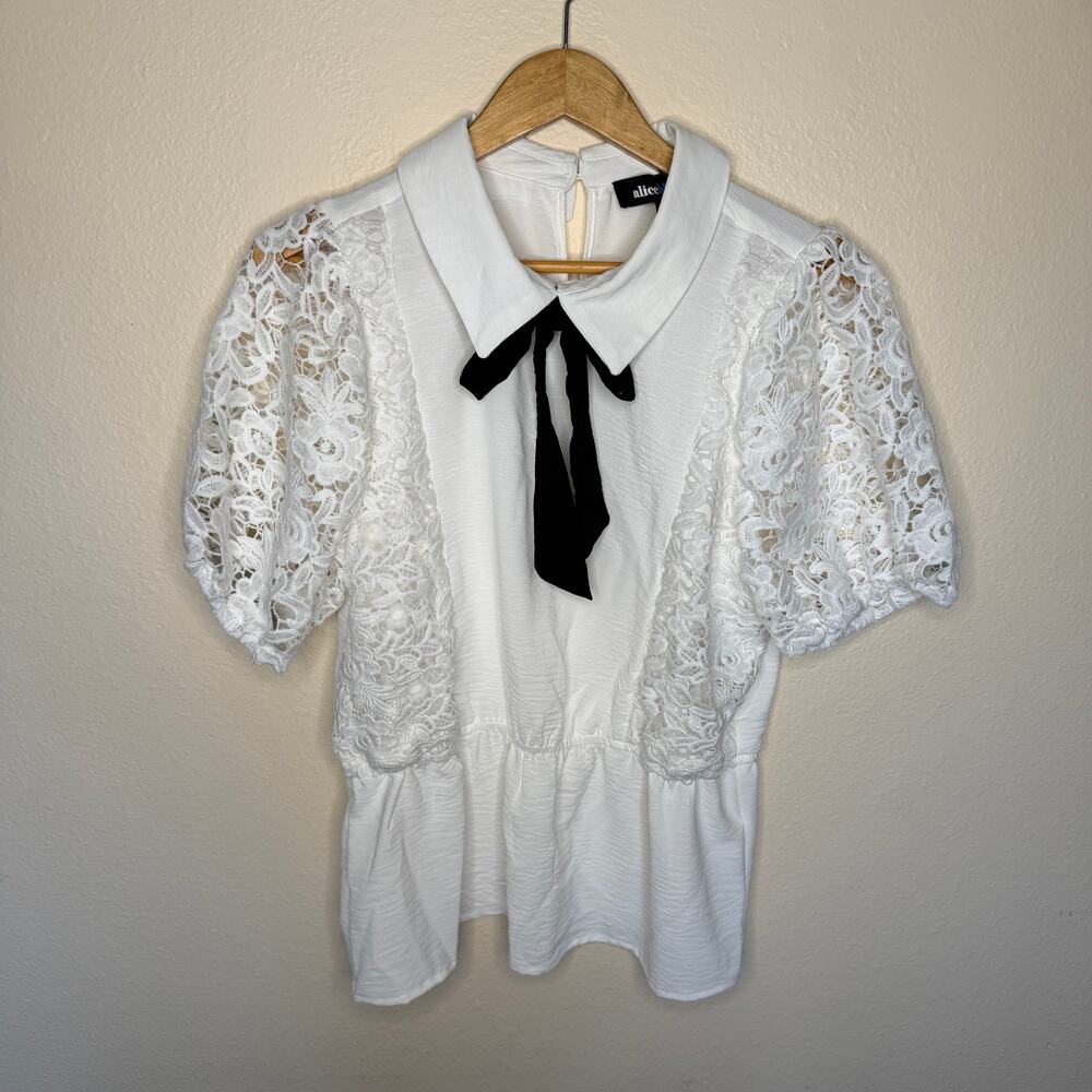 Alice Blue White Lace Black Tie Blouse Large